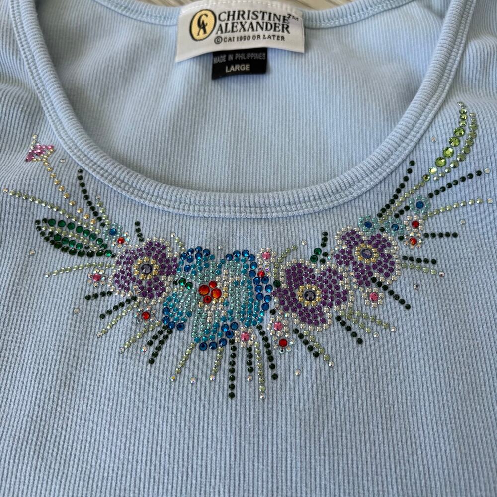 Christine Alexander Y2K Rhinestone Tank Top L Floral Fairycore Cami Baby Blue - Picture 3 of 6